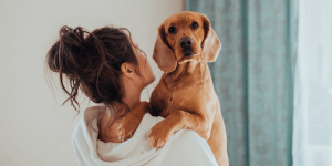 Why holding her dog inspecting for lump on the pet